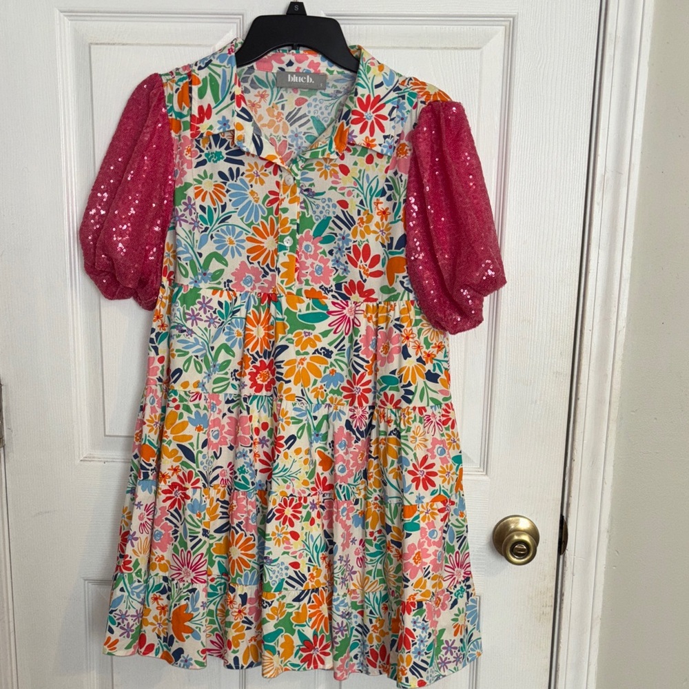 blue b. Floral Mini Dress with Pink Sequin Puffy Sleeves Small